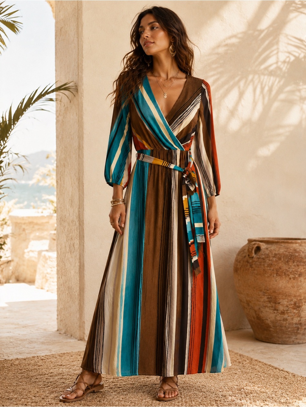Peach Love California Boho Earthy Striped Wrap Maxi Dress 3/4 Sleeve M Resort